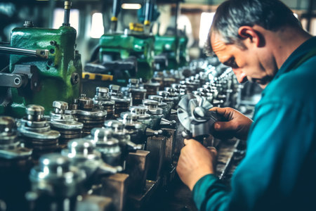 Production of bearings. Heavy industry. The worker's hands are gloved. An unrecognizable person. Photos at the factory. Out of focus.の素材