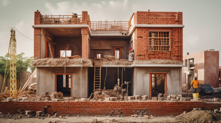 Walls of a multi-storey red brick house. Construction site, tools, wheel barrow, sand and bricks at new house building, cement mixer machine and accessoriesの素材