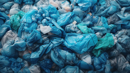 Blue plastic gallon drums barrel overlie together at a recycling plantの素材