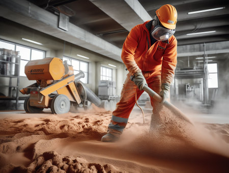 New orange cement cart in construction site There is one wheel used for transporting sand, stone or brick, heavy items by pushing, saving the worker's labor.の素材