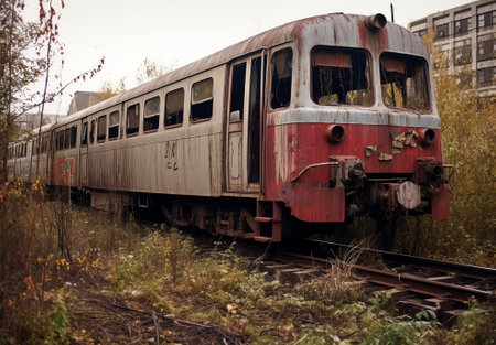 Abandoned train yard with a mix of old and new trainsの素材