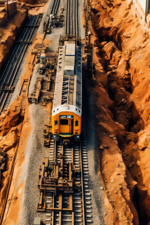 Empty railway wagons for cargo transportation top view. A place for storage, repair and maintenance of freight railcars. Logistics, transportation of bulk materials, coal, crushedの素材