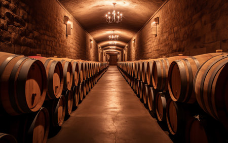 A Downward View of French Oak Wine Barrels Resting on Metal Bases on a Cement Floorの素材