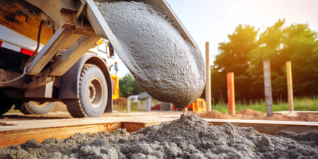 Cement pouring from truck at construction site. Concrete mixer machineの素材