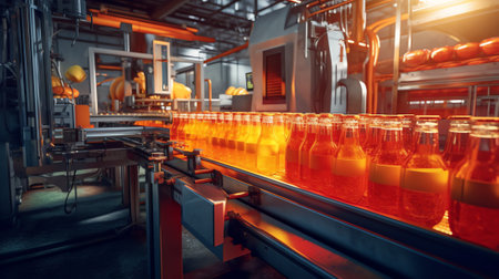 Beverage factory interior. Conveyor flowing with bottles for juice or water.の素材