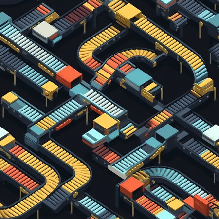 Industrial conveyor. Belt conveyor technology for production. Concept of automated production process. Conveyor Belt isolated on white. Production line for modern factory. 3d rendeの素材