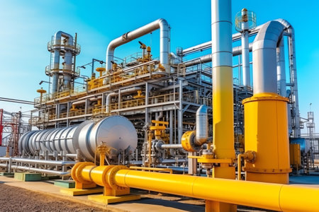 industrial valves and pipes against blue skyの素材