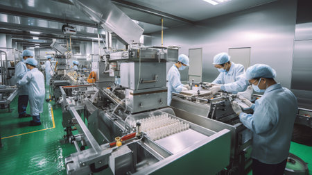 The conveyor chain, and conveyor belt is on production line in clean room.の素材