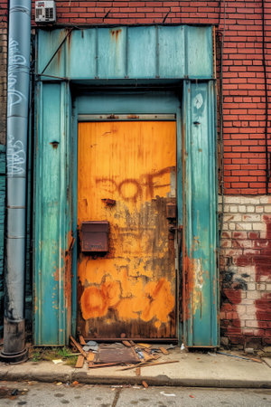 abandoned and decaying colorful metal door in an abandoned industrial complex with  small  badge number 5.の素材