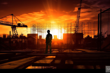 Dark silhouette of large building construction in the open field at sunset. Dark surreal industrial landscapeの素材