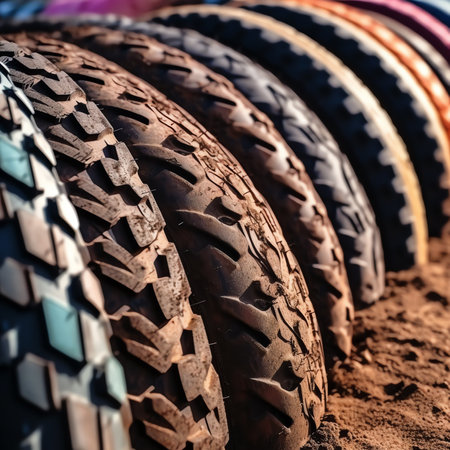 Tire tracks in the dirt. Selective focus. Shallow depth of fieldの素材