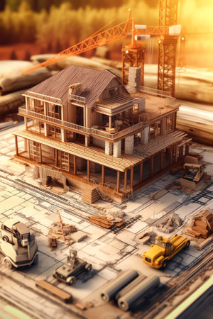 construction site with equipment and building. House in construction close-up. Building construction site. Construction worksの素材