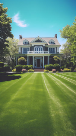 Nicely trimmed front yard with green grass in front of a luxury house.の素材