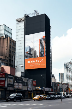 advertisement billboard on scaffolding / signboard on building facadeの素材