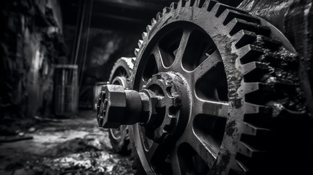 Close-up of abstract black and white engine moter machine parts tools and industrial equipment in an abandoned factory,Â Industrial technology conceptの素材