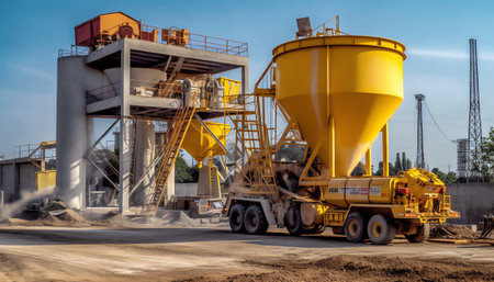Cement bucket in empty the construction site with scaffolding in the backgroundの素材