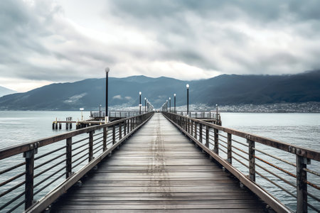 Perspective view of empty wooden Cargadero da Insua pier with metal construction placed above river under cloudy skyの素材