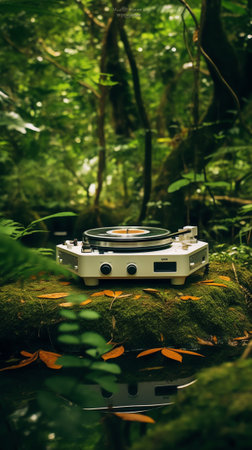 Wooden hand touching metal steering wheel of old rusty machine against green bushesの素材