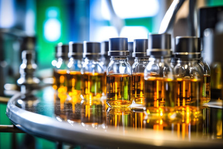 empty bottles on a cosmetic manufacturing assembly lineの素材