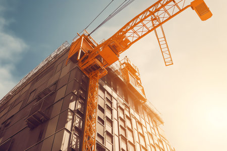 Construction site, generic unfinished empty residential building and a crane, block of flats under construction, new modern real estate apartments development, housing business proの素材