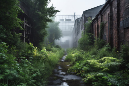 Sorsele, Sweden June 9, 2023 An overgrown, abandoned, and neglected industrial area outside of town has trees growing on the premises.の素材