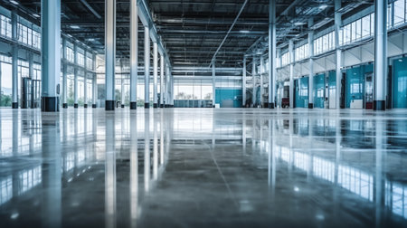 Industrial building or modern factory for manufacturing production plant or large warehouse, Polished concrete floor clean condition and space for industry product display or indusの素材