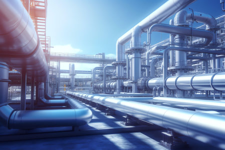 Panoramic landscape of factory. Chemical plant under blue sky. Industrial storage. Spherical reservoirs for chemical gas. Chemical waste storage area. Industrial technologies.の素材