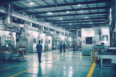 Blurred, defocus shot of large area of industry factory. which contain heavy machine and production line inside of the area. Factory background concept.の素材