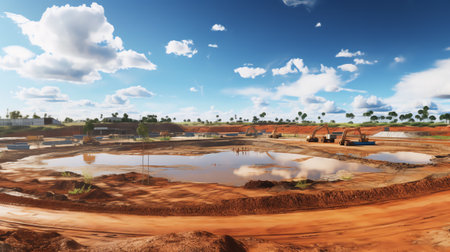 Empty reclamation and compact land and dump truck carrying red soil on construction site with blue sky. Land plot for sales and real estate development project concept background.の素材