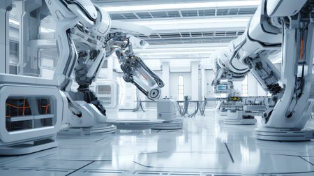 3d rendering white robotic arms with empty conveyor beltの素材