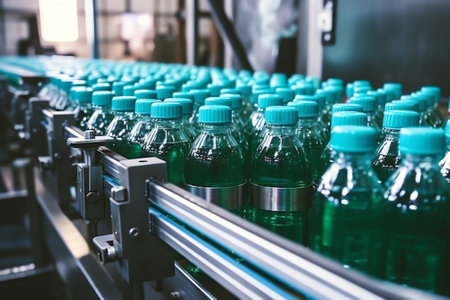 Production of PET plastic bottles on conveyor belt milk and water factory.の素材
