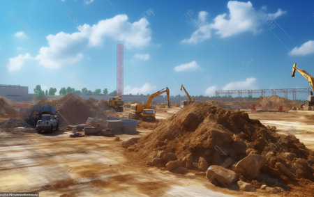 Heap of earth sand and clay at the construction site against the sky. Earthworks at the construction siteの素材