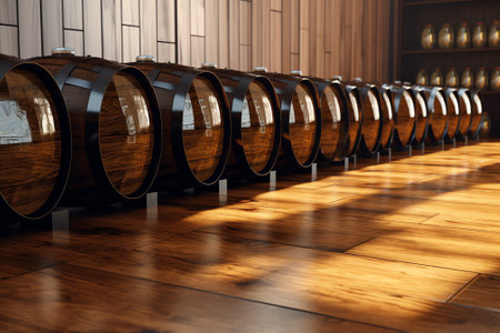 Alcohol, wooden wine barrel and equipment for brewing champagne or beer. Manufacturing product or assembly line, cask for beverage or drink at warehouse or factory and industrial tの素材