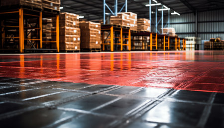 New  resin floor coating and marking signs in a car workshop.の素材