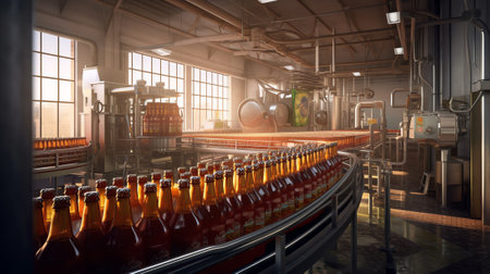 Beverage factory interior. Conveyor flowing with bottles for juice or water.の素材