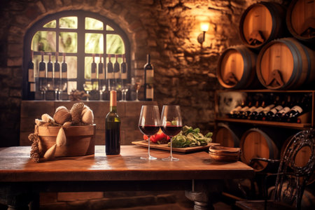 A glass of wine, a bottle of red wine chardonnay in front of the rustic barrels for a beverage in a dark wine cellar. Wooden empty surfaces for copy space, mock-up, and template foの素材