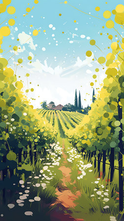 Landscape of countryside with a vineyard and flowers at sunsetの素材