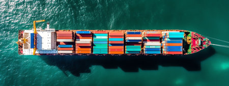 Top view of a large empty container ship and a tanker standing side by side.の素材