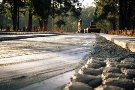 Laying a new asphalt on the road in Czech Republic. Construction of the road. Reconstruction of the road. Empty construction site.の素材