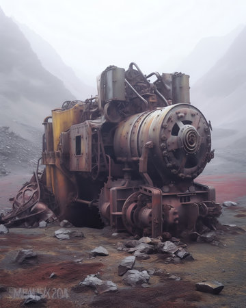 The image depicts abandoned mining machinery in the desert, left to rust and decay after years of service. The once vital equipment now lays motionless, becoming relics of the pastの素材