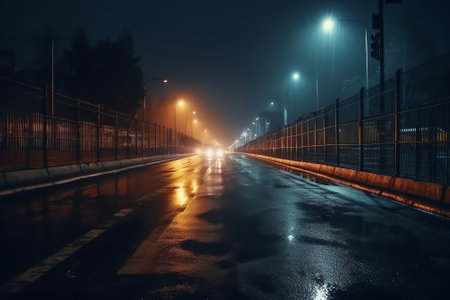 An old rusty abandoned iron roadside fence with a broken section against the background of an empty foggy street. Apocalyptic and mystical landscape of an empty suburban street.の素材