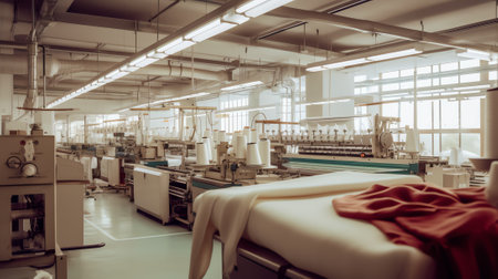 Klaten, Indonesia 8 July 2021 : Big sewing machine factory in empty space backgroundの素材