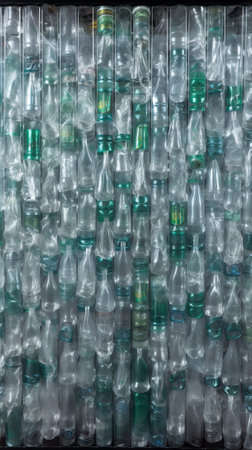 Stacks of bale presses or clear plastic bottles with blue bottle caps that are collected and tied into a square which will later be transported and recycledの素材