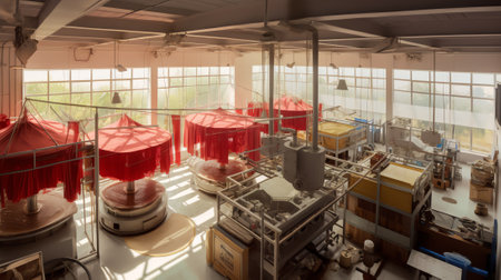 Klaten, Indonesia 8 July 2021 : Big sewing machine factory in empty space backgroundの素材