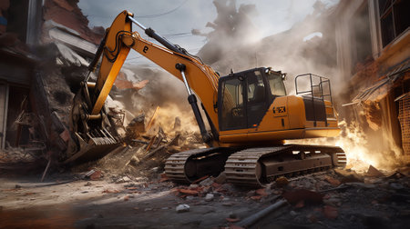 A bulldozer destroys an old building. The concept of the demolition of a building under construction of a new house. Dismantling an old houseの素材