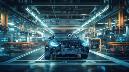 Car bodies are on Assembly line. Factory for production of cars in blue. Modern automotive industry. Blue toneの素材