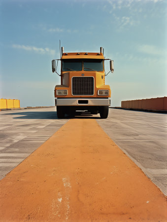 Rear view of an orange cargo truck on an empty construction site.の素材