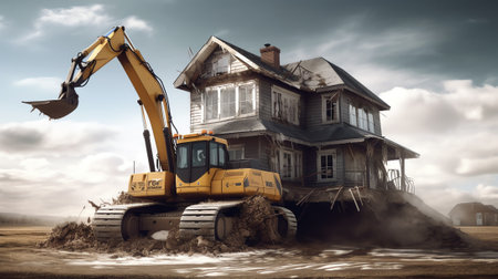 A bulldozer destroys an old building. The concept of the demolition of a building under construction of a new house. Dismantling an old houseの素材
