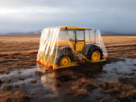 Bright yellow bulldozer on a gray plateau. Summer in 2016 Icelandの素材