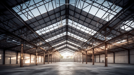 Factory workshop with steel structure roof in abandoned industrial areaの素材